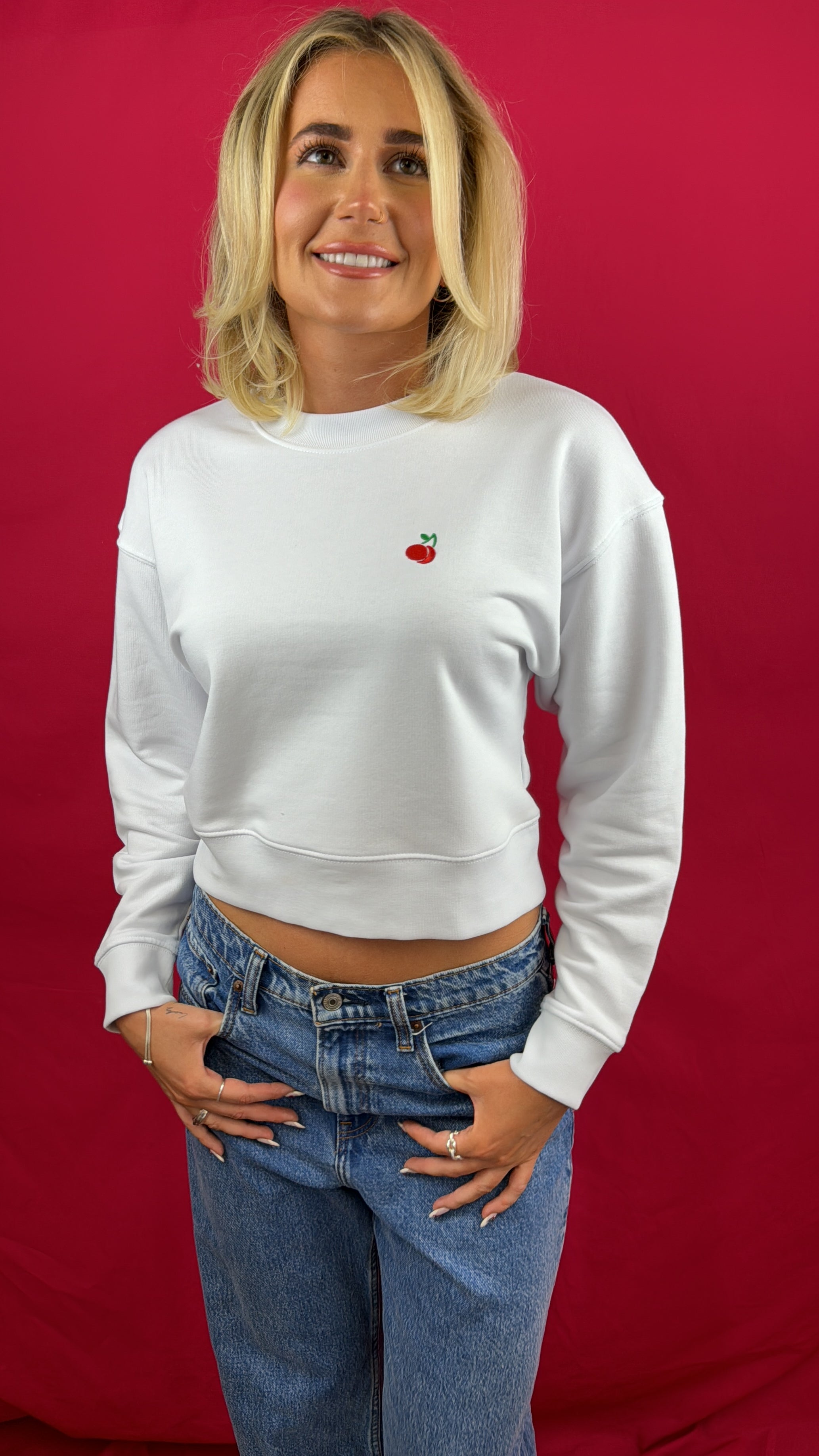 White Cherry Cropped Crewneck